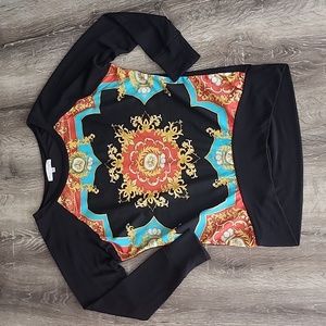 Y2K Forla Paris Design Regal Garland Print Mixed Media Long Sleeve Top Small